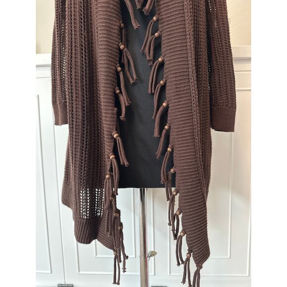 Chico’s Open Front Open Knit Cardigan Sweater Beaded Fringe Sz 2 /14 Brown Boho - Picture 3 of 10